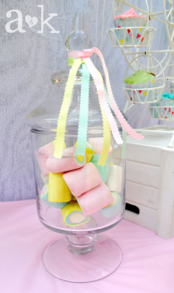 Pastel Carnival Party by A&K Lolly Buffet | Pastel-coloured marshmallows in Glass Lolly Jar with pastel ribbons