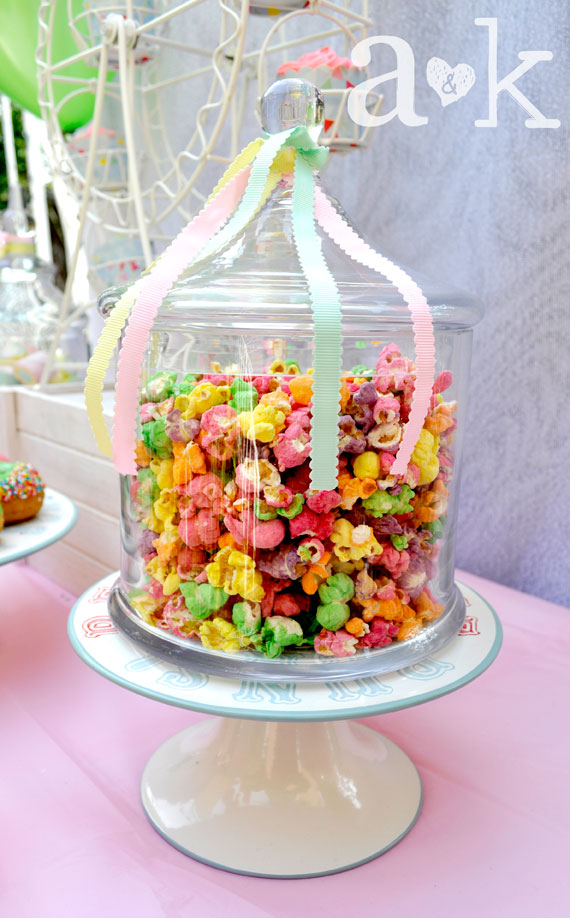 Pastel Carnival Party by A&K Lolly Buffet | Coloured Popcorn in Carnival Lolly Jar with pastel ribbons 