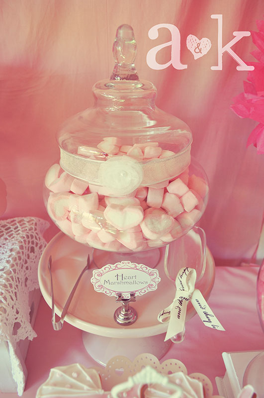 Pink Heart Marshmallows in Apothecary Glass lolly Jar with ribbon & rosette.