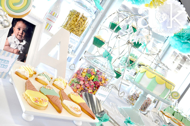 Adrian's Pastel Green & Yellow Carnival Themed Naming Day Dessert Buffet by A&K.