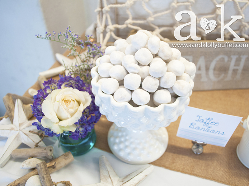 Toffee Bonbons featured in our Rosanna Hobnail Milkglass Compote with custom-designed label. Styling & Photography by A&K. 